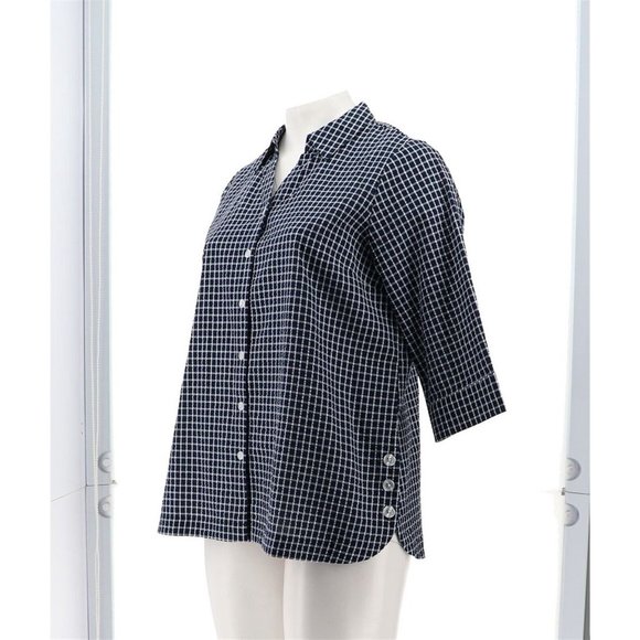 NWT JOAN RIVERS TEXTURED BUTTON FRONT SHIRT W/SIDE BUTTONS LIME NAVY BLUE XXS - Picture 2 of 11